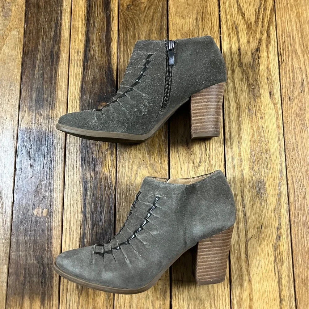 Franco Sarto Dean Grey Suede Whipstitch Ankle Boots Block Heel Womens‎ 7M